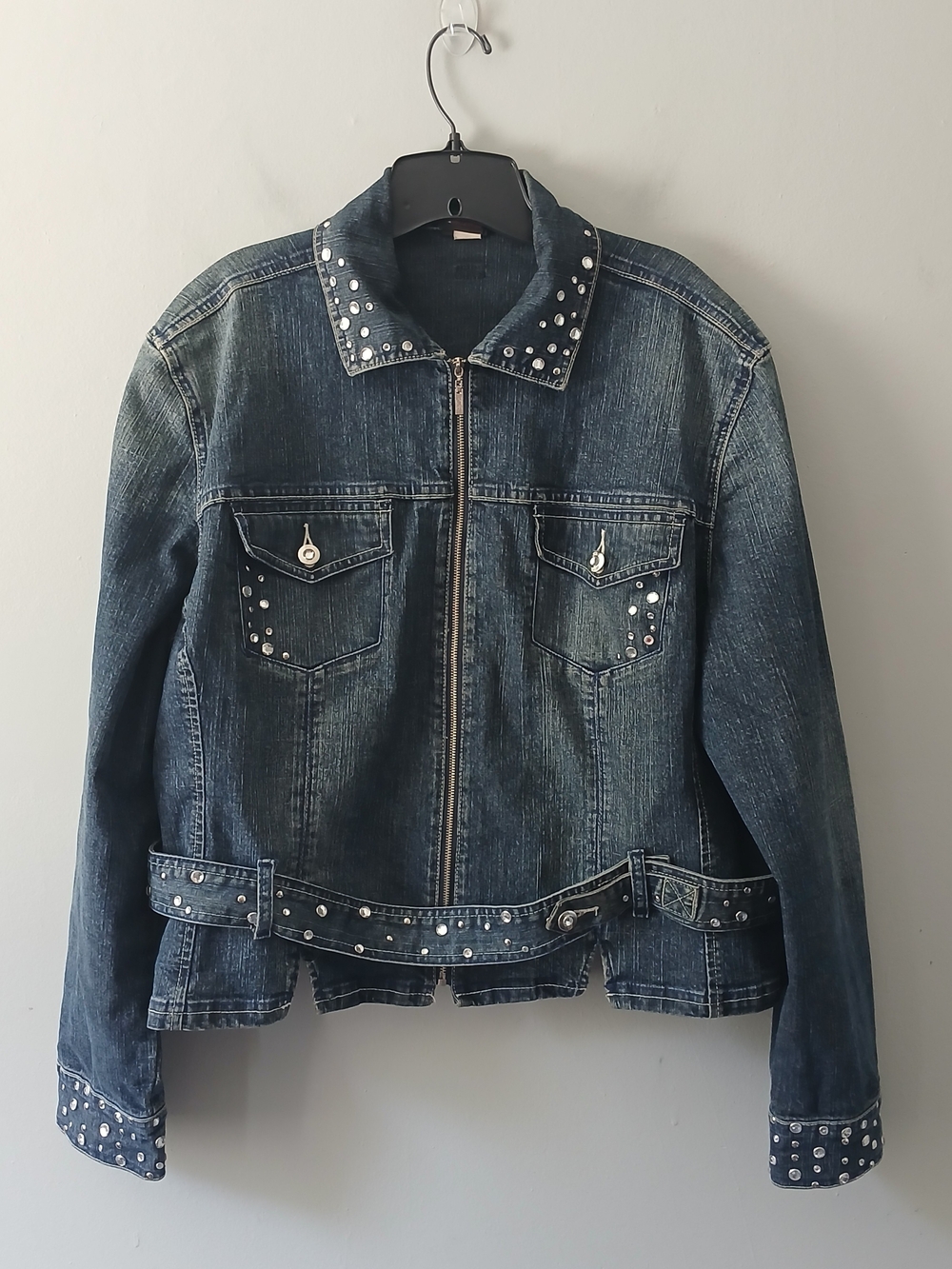 FUBU Women's Size 3X Vintage‎ Denim Belted Embellished Jean Jacket Rhinestone
